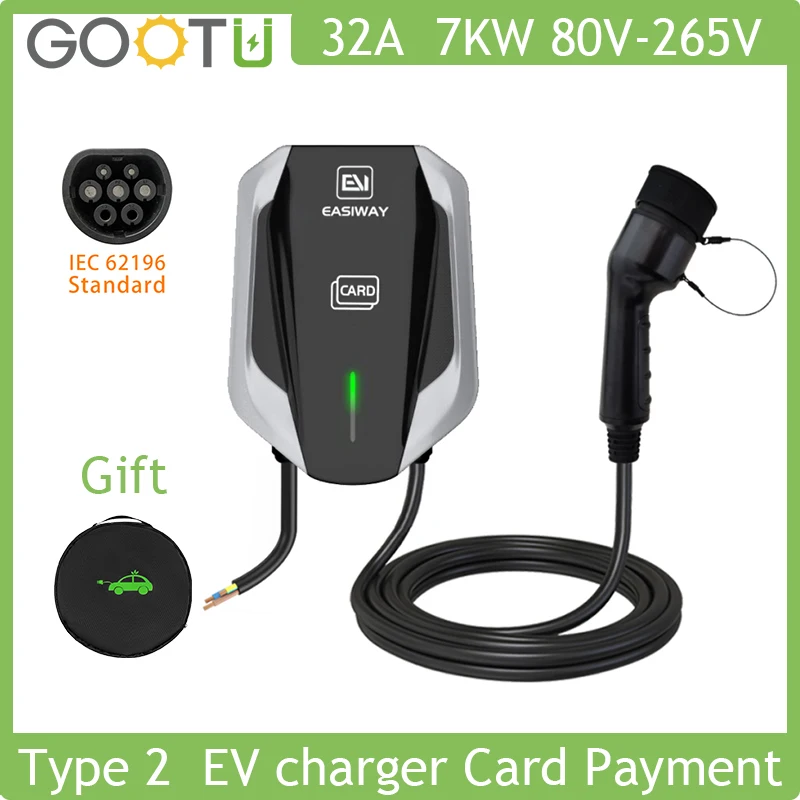 

Car Charger IEC 62196 Cable Electric EV Charging Station 32A 7KW Type2 Vehicle EVSE Wallbox Wall Mount Cable Swipe Card