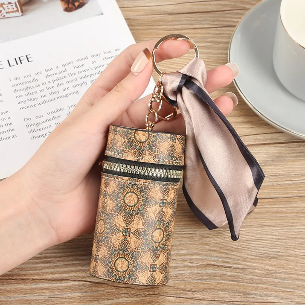 Portable PU Mini Lipstick Bag Cylindrical Wood Grain Bucket Bag Cartoon Printed Headphone Bag for Woman Girls
