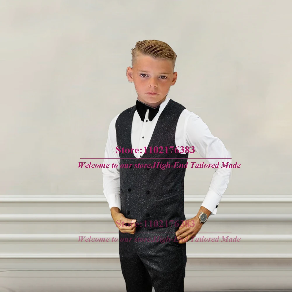 Costume de mariage en velours noir pour garçon, Blazer à revers, gilet et pantalon, 3 pièces, smoking formel pour enfants, veste à simple boutonnage