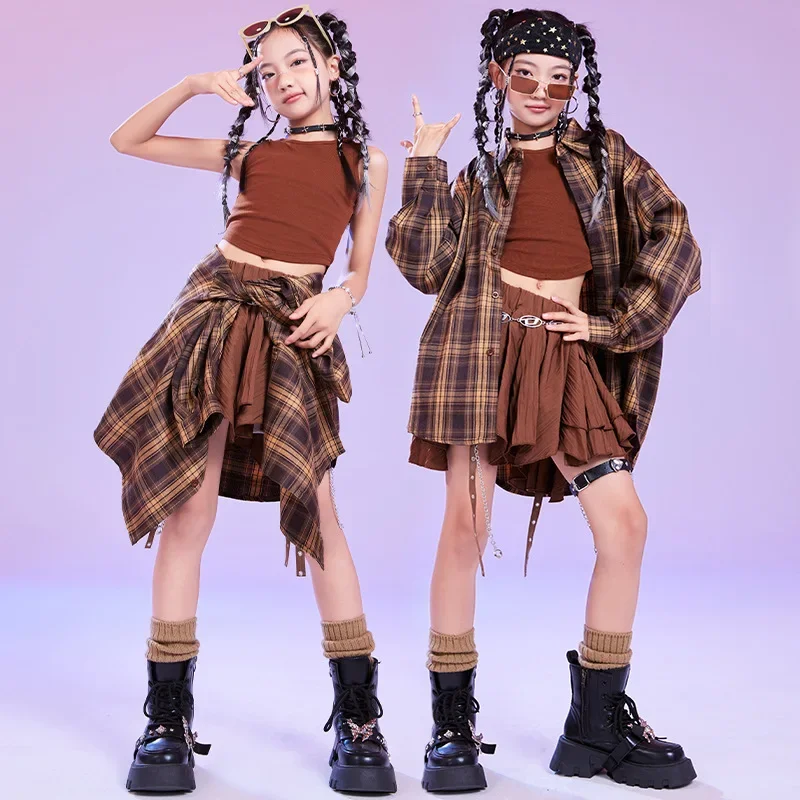 Girls Hip Hop Dance Outfit Plaid Shirt Kpop Performance Clothes Sets Kids Street Dance Suit Children Jazz Stage Costume