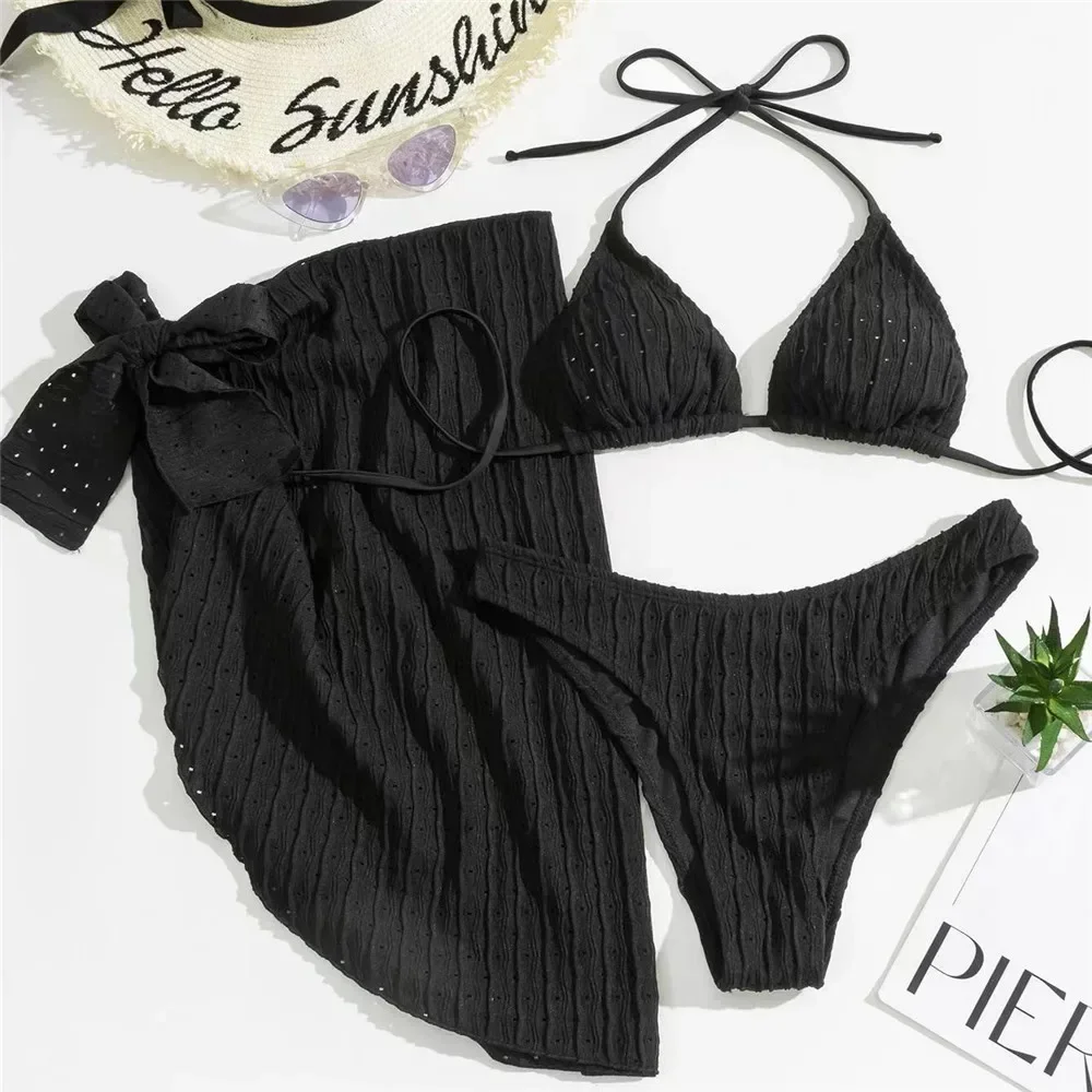 Traje de baño blanco con cuello Halter para mujer, conjunto de bikini de tres piezas con Tanga, traje de baño texturizado con cordón, ropa de playa
