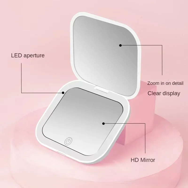 Compact Mini Led Light Makeup Mirror with 2X Magnifying Portable Hand Held Pocket Travel Foldable Women Cosmetic Pocket Mirror