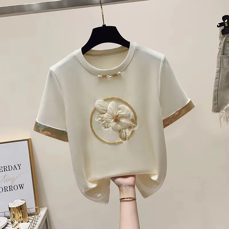 Flower embroidery Fashion Plant Trend Style Short Sleeve Women Graphic Tee Summer T Clothing Female Clothes Casual T-shirts chic