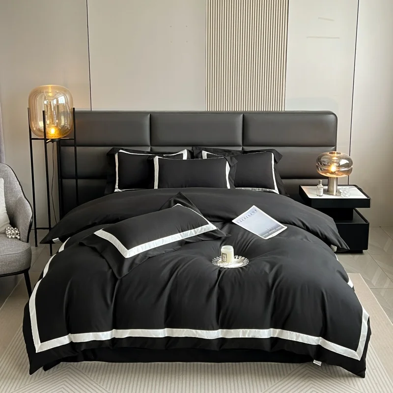 3/4pc Pure Color Bedding Set with Wide Edge Craft Soft Cool Feeling Lightweight Breathable Sweat Absorbent for Bedroom Hotel Dor