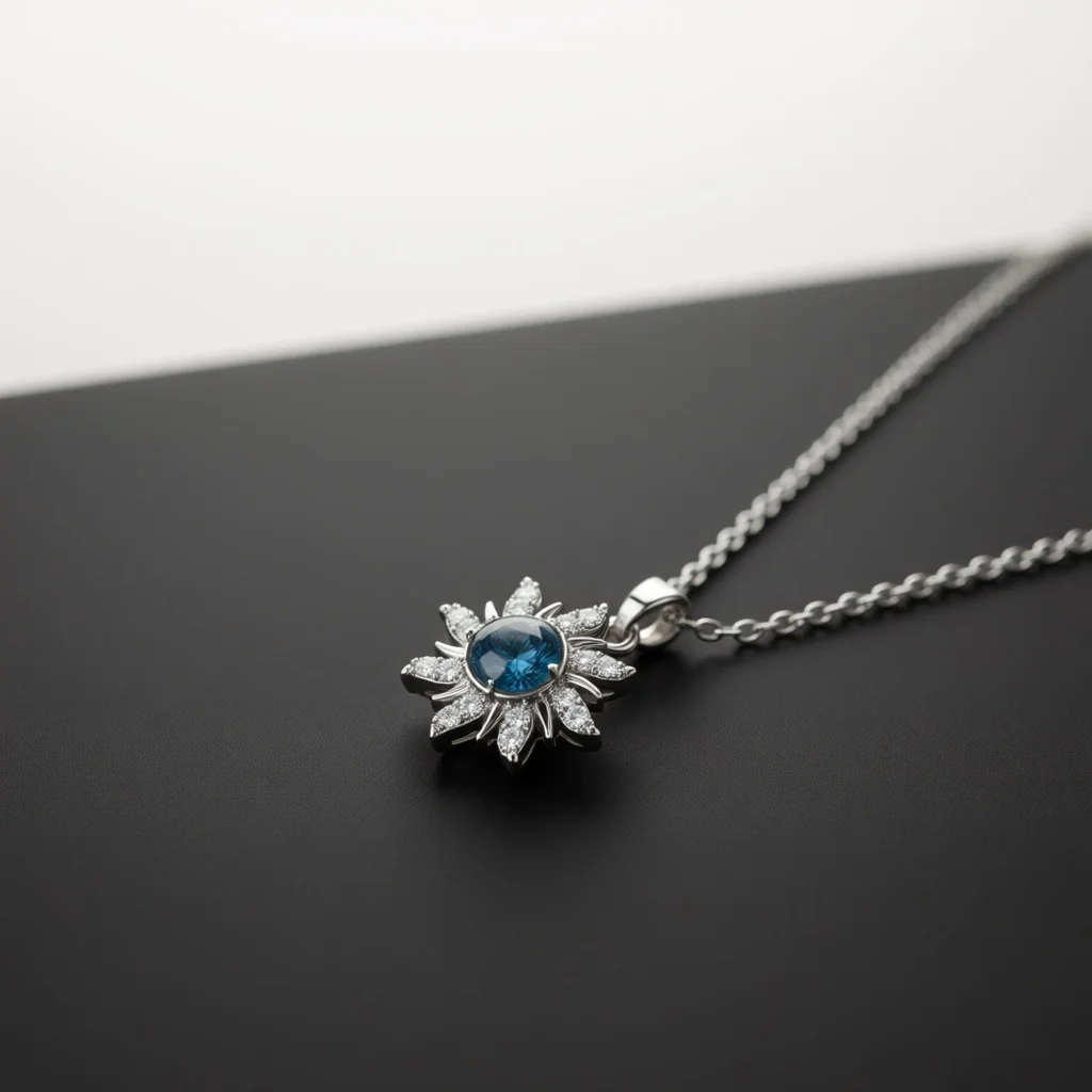 Brilliant Silver Copper Necklace, Sun Floral Charm, Blue Galaxy Stone, Sparkling Zircon Inlay, Cable Chain, Gift for Party