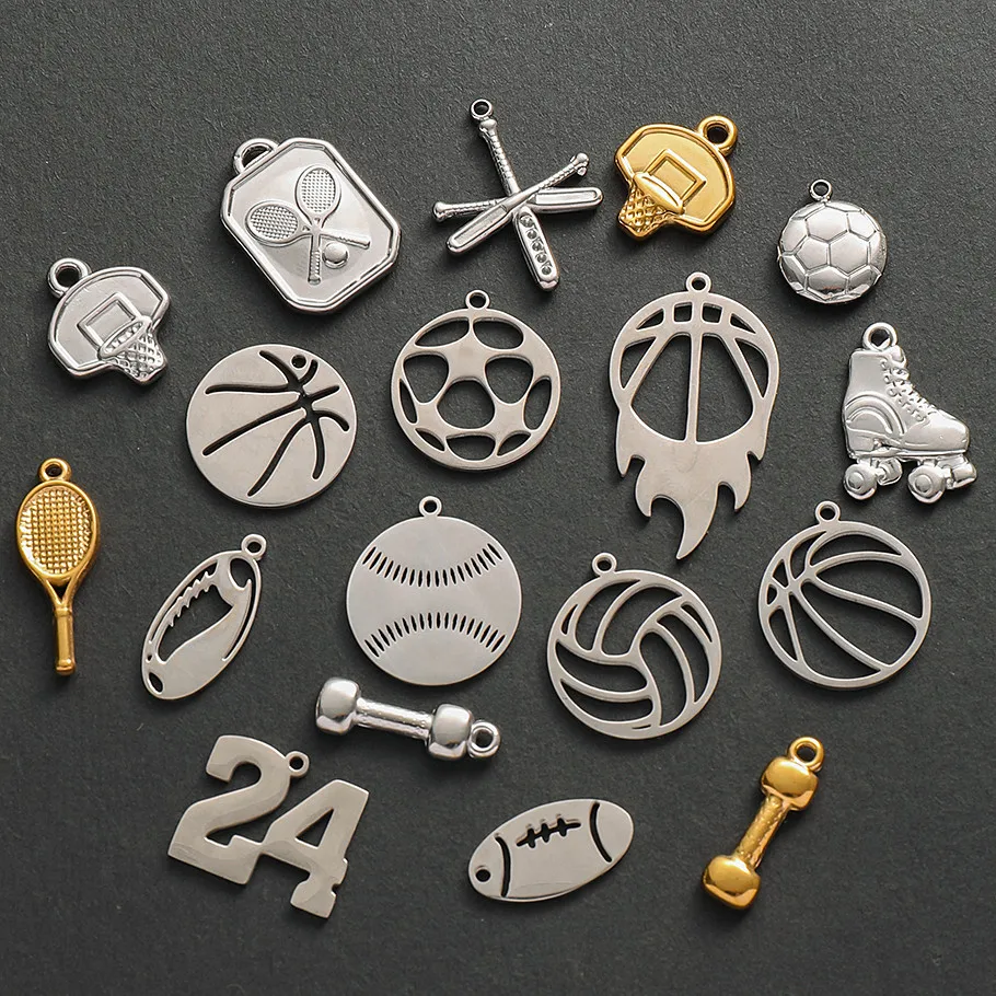 5 Stück/Set Sportanhänger aus Edelstahl: Golfschläger, Basketball, Fußball für Schmuckherstellung, Mode-Sport-DIY-Charms – Detail 1