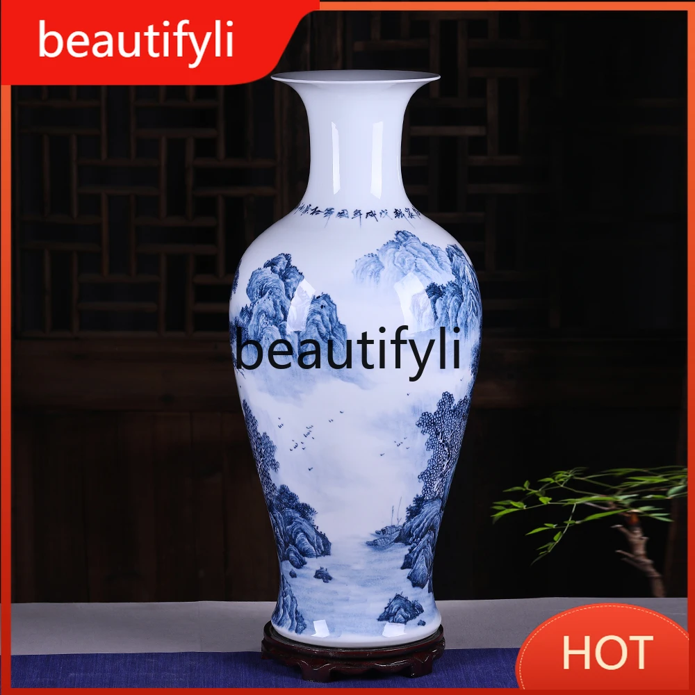 Jingdezhen ceramics floor-to-ceiling vase hand-painted large blue and white landscape Chinese living room versatile D80