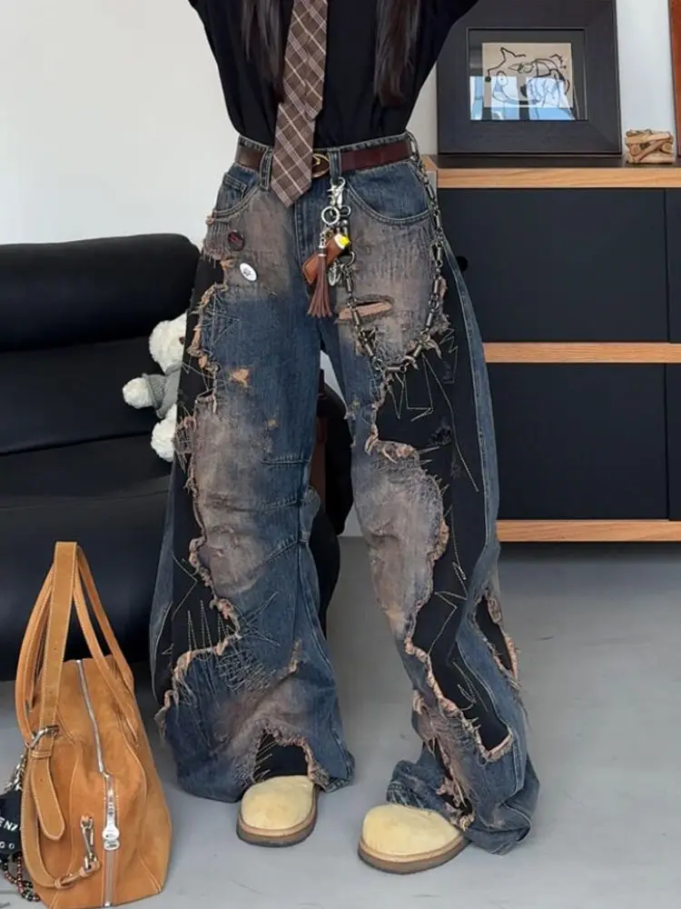 

Asphalt Ode Plus Size Curved Hem Jeans Women Distressed Wide Leg Pants Color Block Patchwork Drop Cuff JoggersVintageStreetwear