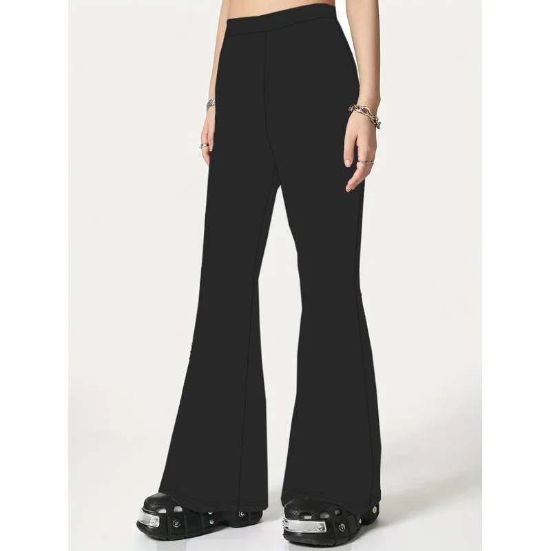 .2025 Elegante Trendy Flare Hosen Frauen Solid Black Elastische Taille Stretchy Abnehmen Büro Täglich