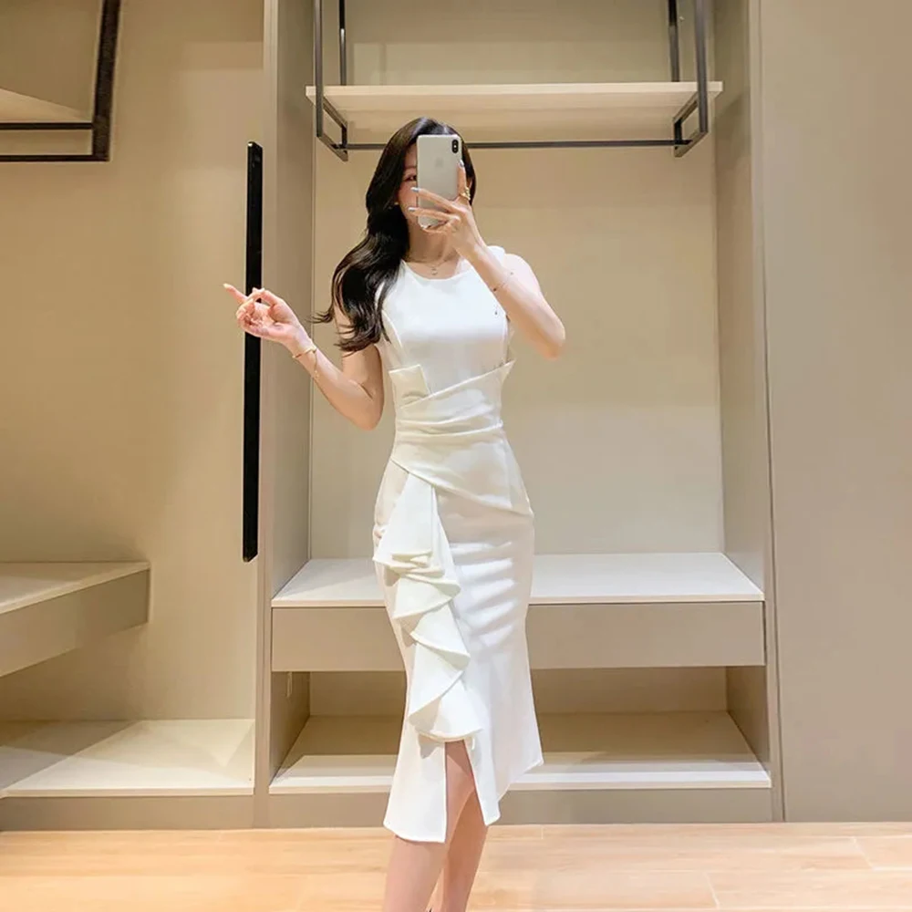 Summer New Fashion Korean Style Sleeveless White Dress Women Elegant Office Ladies Ruffle Solid O-neck Slim Fish Tail Long Dress