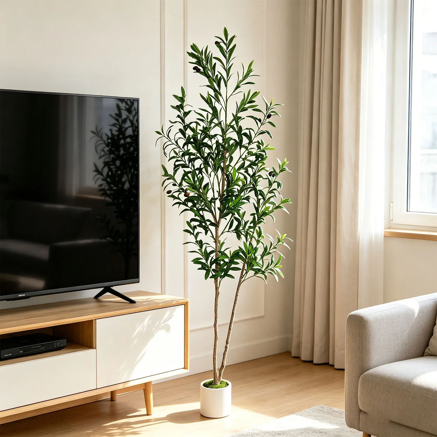 145cm-175cm/5.7ft Artificial Olive Plant Tree Double Trunk Fake Plant for Home Office garden living room Indoor Outdoor Decor