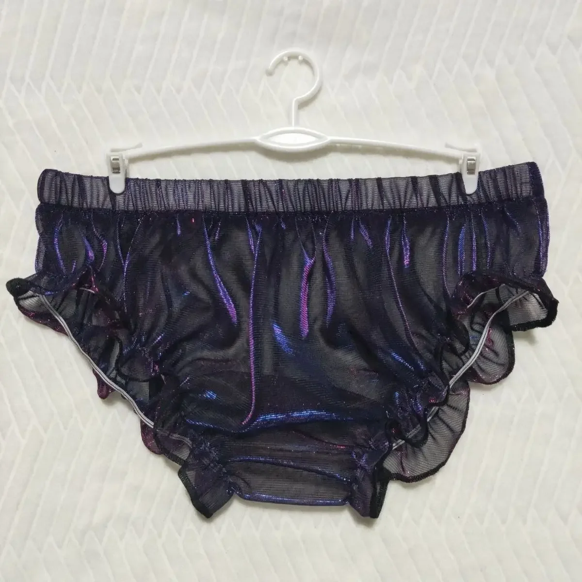 Calzoncillos de Organza holográfica rosa con láser transparente para hombre, bragas transparentes con volantes sexis para mujer, disfraces de fiesta privada FKK para parejas BF