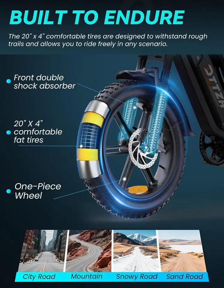 DTTZH F6S Electric Bike for Adults, 2000W Peak 40MPH 48V 25Ah Removable Battery, 20"x4.0" Fat Tire Full Suspension 7-Speed E-Bike, NFC Unlock, UL 2849 Certified, 1 Year Warranty image 8