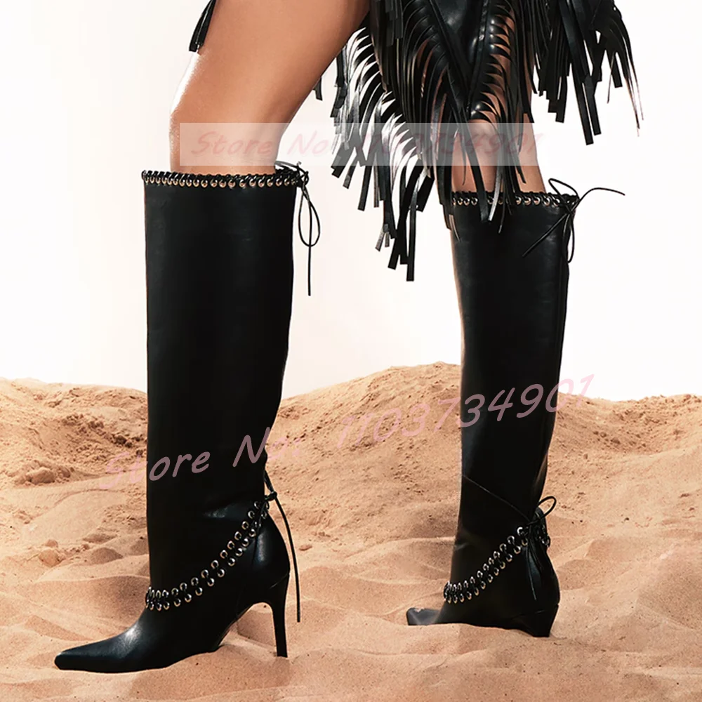 White Wide Fit Laced Knee High Boots Female Fashion Pull-On Pointy Toe Stiletto High Heels Boots Women Party Nightclub Boots