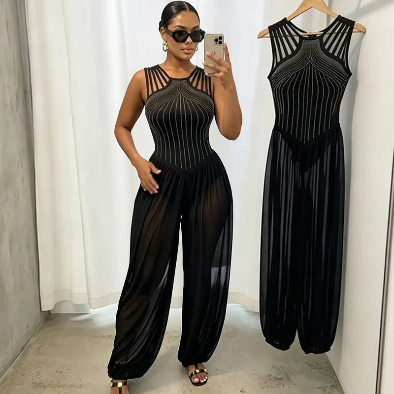Doyerl See Through Mesh Patchwork Black Jumpsuits for Woman Birthday Party Club Wear Diamonds One Piece Rompers Ropa Para Mujer
