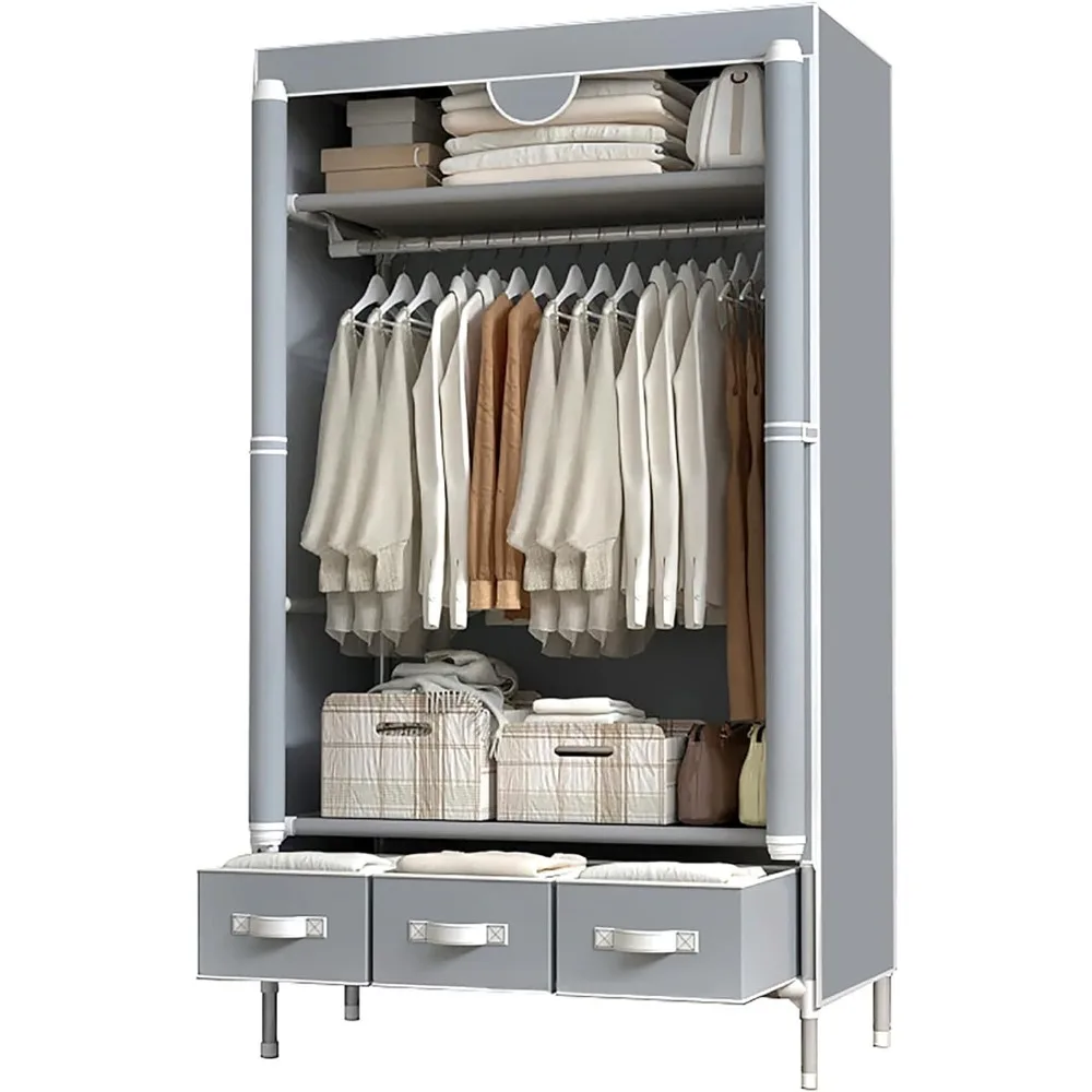 Portable Clothes Closet Rolling Door Wardrobe With Hanging Rack Non-Woven Fabric Storage Organizer With Three Drawer Boxes