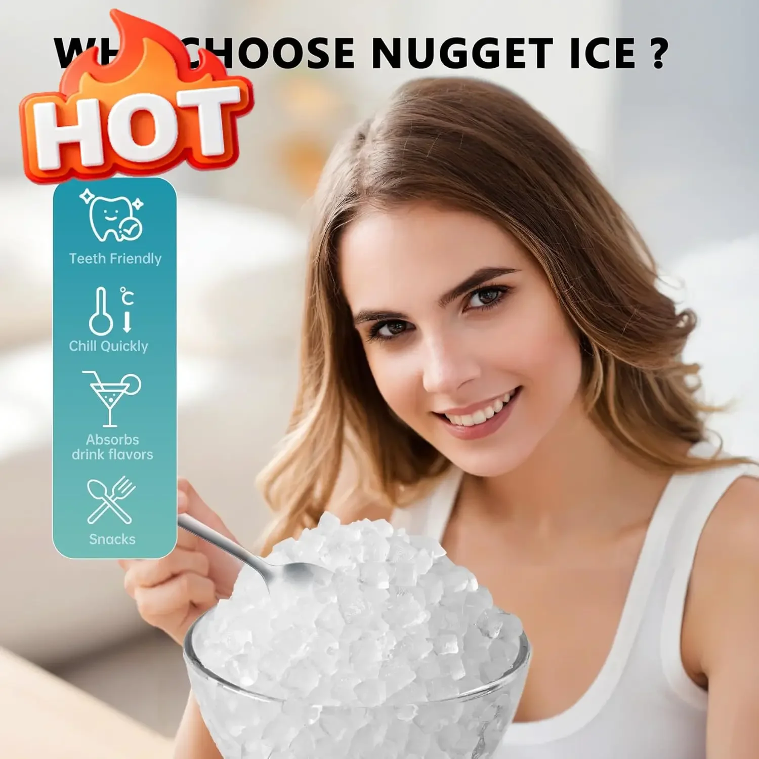 

Nugget Ice Maker Countertop with Handle, Ready in 6 Mins, 34lbs Per Day, Removable Top Cover