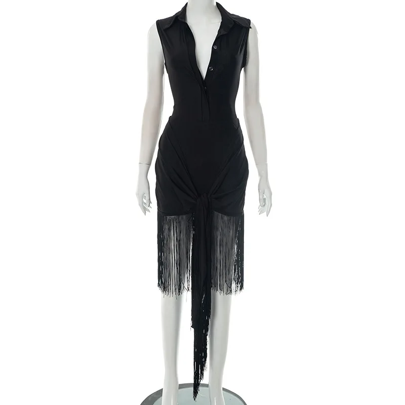 SKMY Women Clothing Spring Summer Turn-Down Collar Button Sleeveless Bodysuits Tops And Tassel Lace-Up Skirt Sets Two Pieces