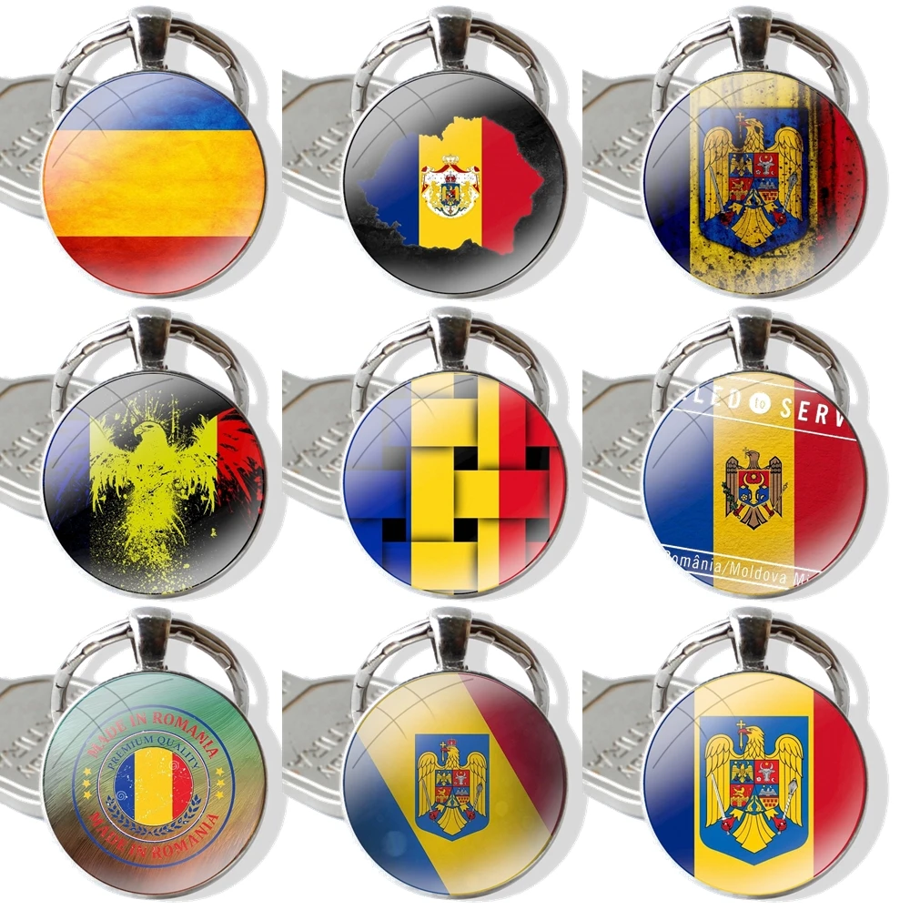 Flag of Romania Glass Metal Pendant Key Chain Classic Men Women Key Ring Accessories Jewelry Gifts