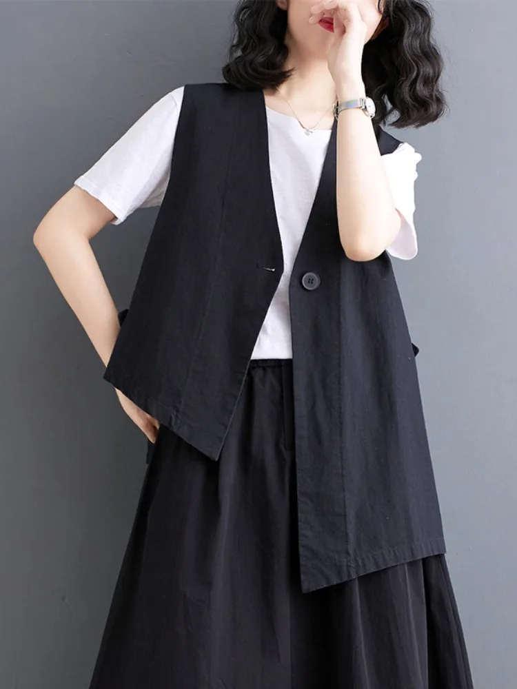 디자인 센세이션 비대칭 코튼 린넨 베스트 여성 여름 루즈핏 V넥 캐주얼 아우터웨어 숄더 패드 탑
