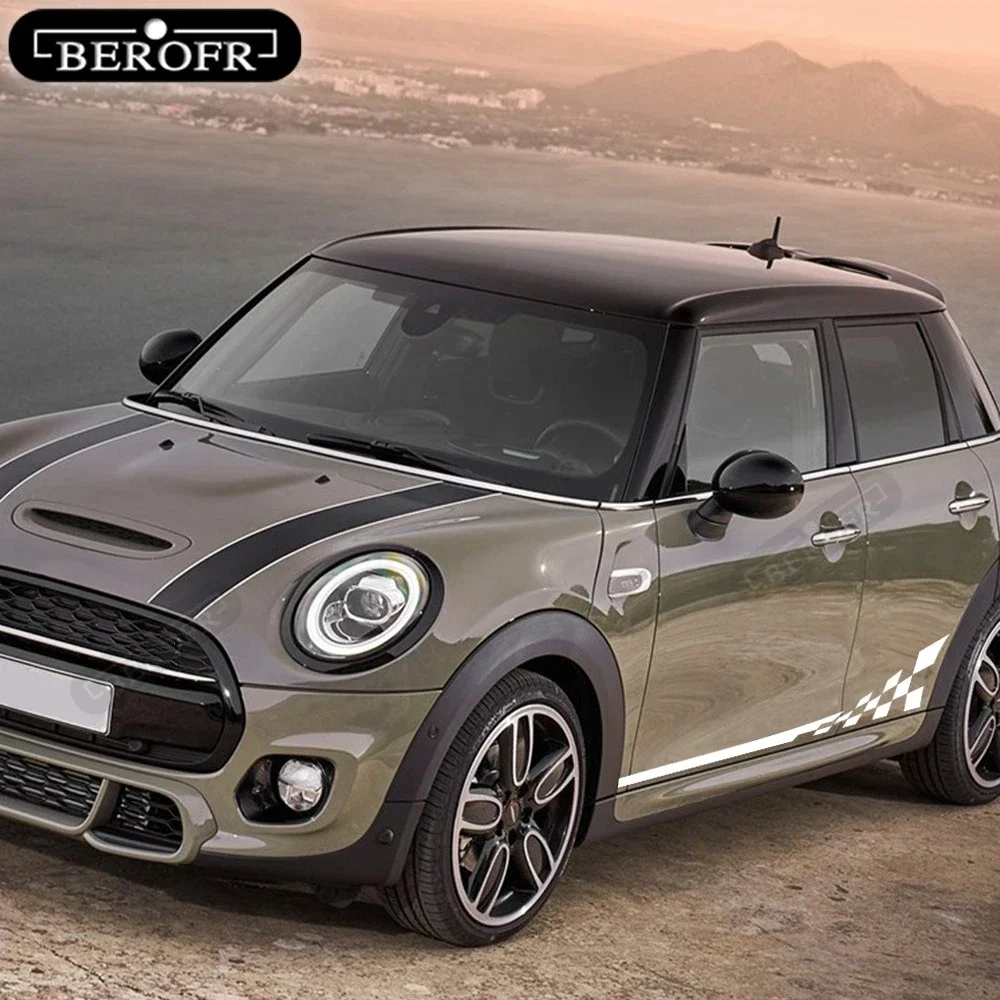 Car Styling Racing Lattice Door Side Checkered Stripes DIY Skirt Body Hood Decal Sticker For MINI Cooper R50 R52 R53 R56 F56 R60