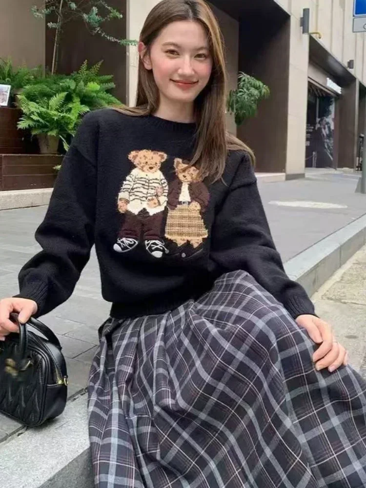 

Women Thicken Warm Winter Kawaii Sweater Harajuku Polo Bear Jacquard Sweater O-neck Long Sleeve Jumper Pullover Hip Hop Y2K Tops