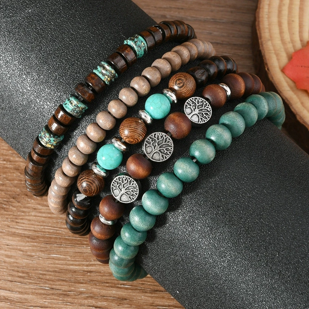 Vintage Multi - Layer Wooden Beads Bracelet Set with Tree of Life Charms for Men