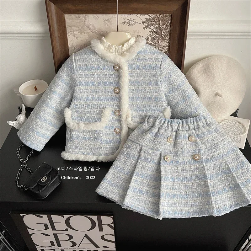 Children\'s Clothing Sets Tweed Scented Suit Fleece Coat + Pleated Skirt 2pcs Sets Baby Girl Clothes Kids Clothes 2 To 7 Years