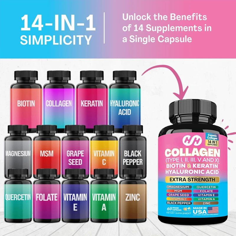 Collagen Capsules Type I, II, III, V and X Vitamin A C E Zinc Magnesium Folate with Grape Seed Extract, Quercetin (60 Capsules)