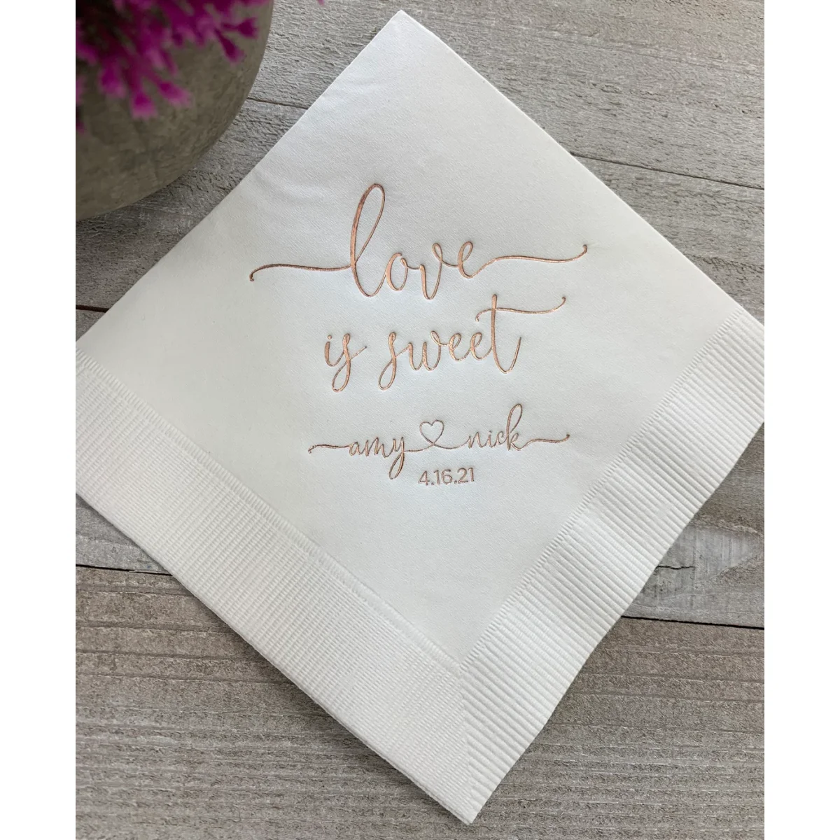 Personalized Wedding Napkins Custom Printed Love is Sweet Beverage Cocktail Luncheon Dinner Guest Towel Napkins Imprinted Foil S