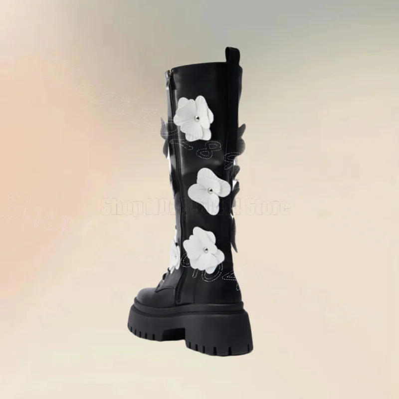 

White Appliques Design Black Cross Tied Boots Side Zipper Women Shoes Chunky Heels Fashion Party Dating 2025 Zapatos Para Mujere