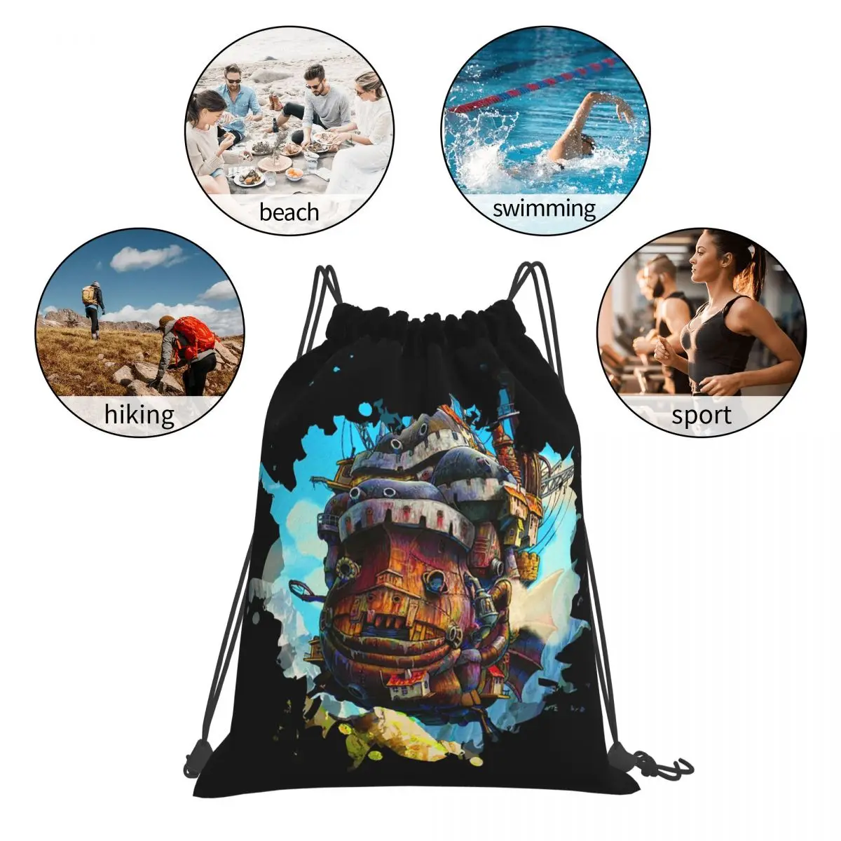 Uivos portáteis pintando mochilas para homem e mulher, Drawstring Bundle, Pocket Sports Bag, Book Bag, School Fashion