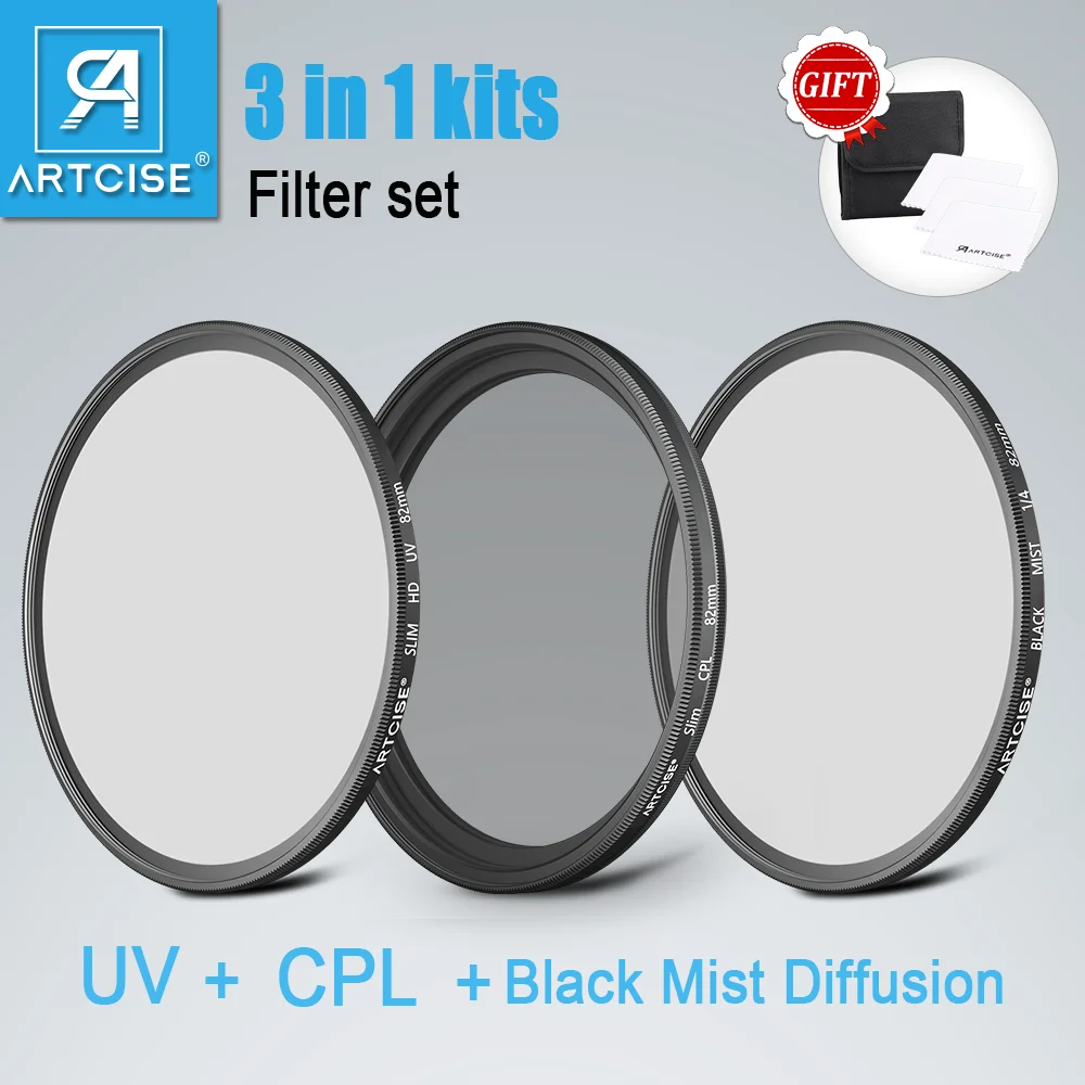 ARTCISE UV+CPL+Black Diffusion 1/4 Camera Lens Filter Set 3 in 1 Kits with Bag Cleaning Cloth for DSLR Canon Nikon Sony Pentax