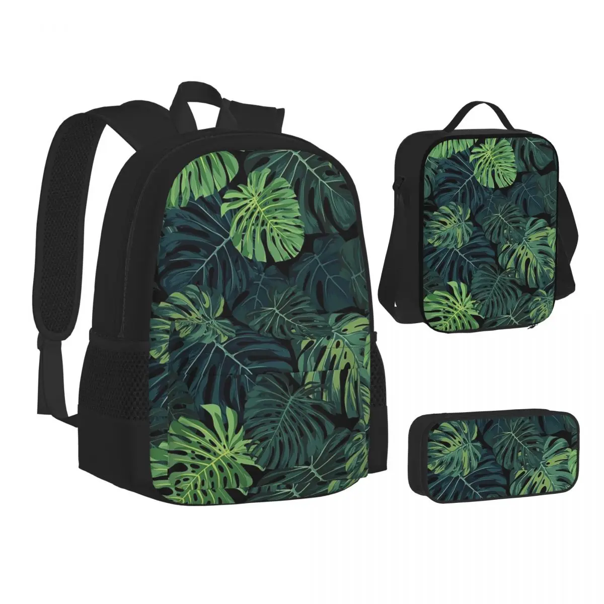Green Tropical Jungle Leaf Print Backpacks Students Bookbag School Bags Children Rucksack Lunch Bag Pen Bag Three-Piece Set
