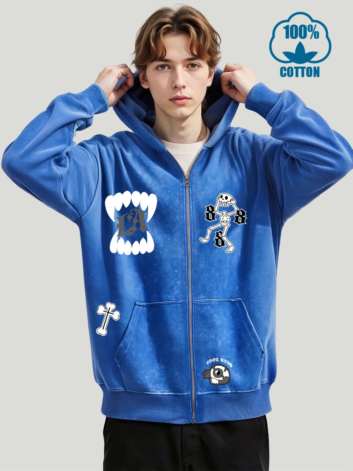 

Мужская толстовка со скелетом и открытым ртом с принтом, винтажная свободная толстовка с капюшоном на молнии, уличный повседневный топ, осенний мягкий спортивный костюм, мужской