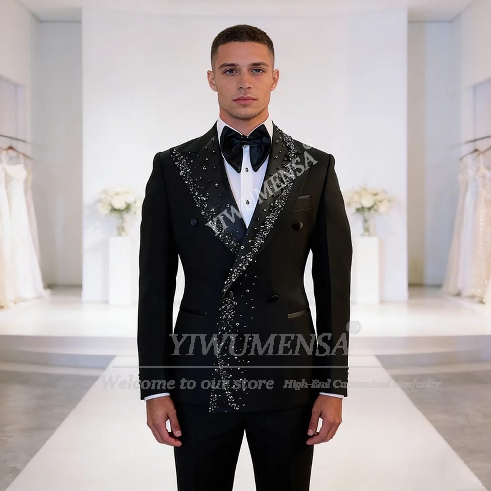 

Exclusive Pearls Beaded Suits Men 2 Piece Set Double Breasted Jacket Pants Customized Groom Wedding Tuxedo Banquet Man Blazers