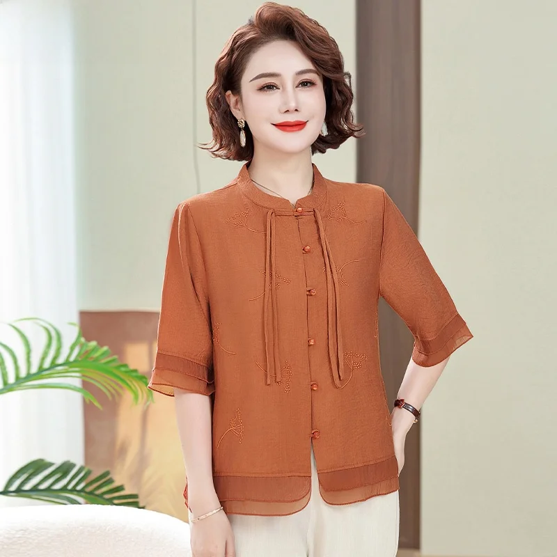 

New Faionable Mom Spring Clothing Chiffon Top Set 2025 New Sle Mid-Aged Women's Spring Summer Seven-Quarter Sve New Ch...