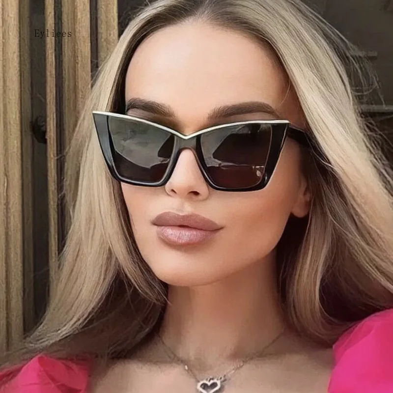 New Cat Eye Sunglasses Women Fashion Oversized Gradient Color Shades Eyewear Brand Designer Semi Metal Cateye Frame Sun Glasses