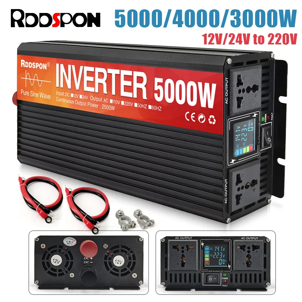 RDDSPON Pure Sine Wave Inverter 5000W 4000W 3000W Double Socket LCD Display DC 12V 24V To AC 220V Voltage Converter Power Supply