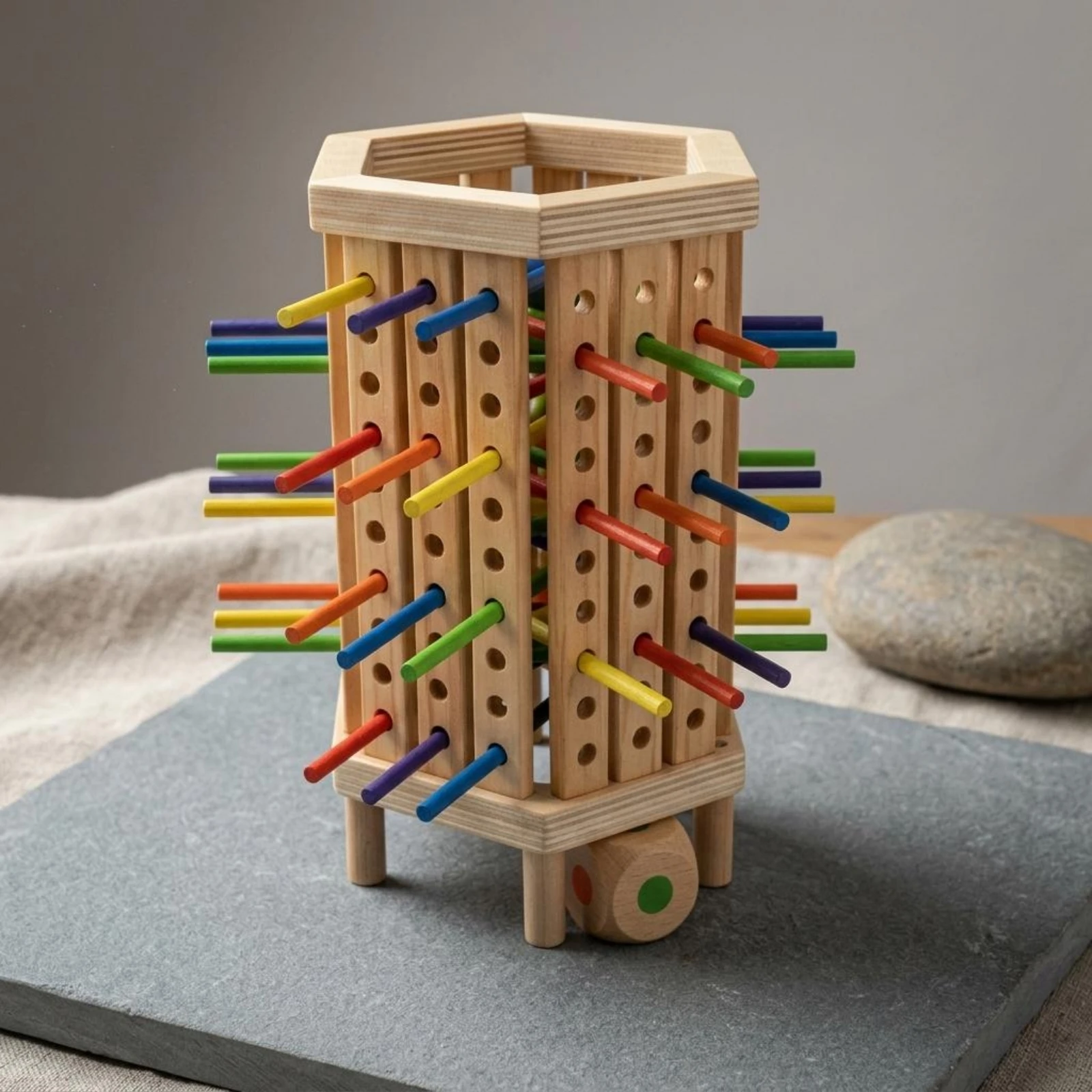 Dice Tower Wooden - Stäbchen- und Würfelspiel Sechseckiges Holzturmspiel Kinderaktivität