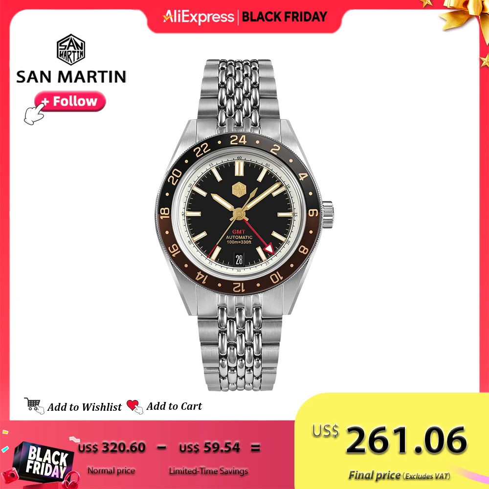 

Мужские часы San Martin, новинка 39,5 мм, NH34 GMT, двунаправленный алюминиевый ободок, роскошный автоматический механический Сапфир, 10 бар, светящийся SN0116