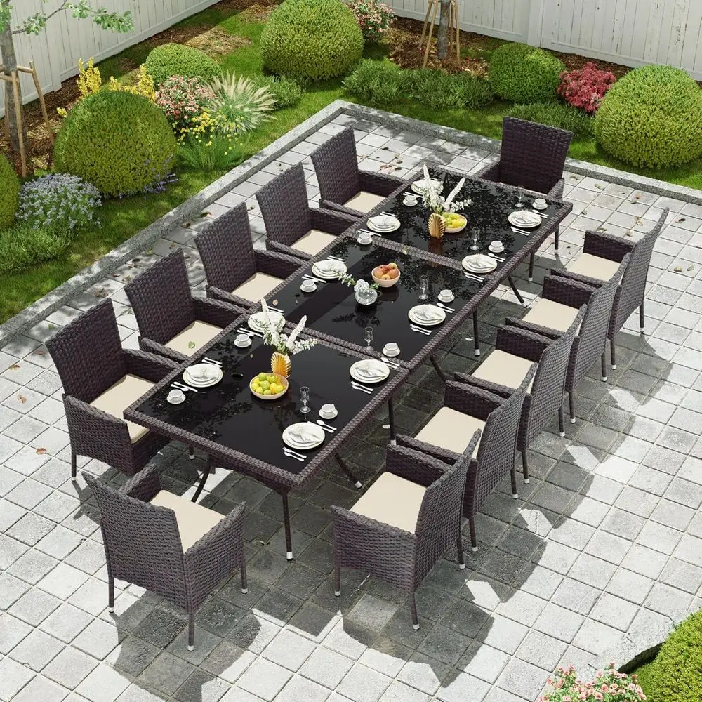 

15-Piece Outdoor Dining Set with Rattan Furniture, Square Glass Table, 12 Cushioned Chairs, and Umbrella Hole