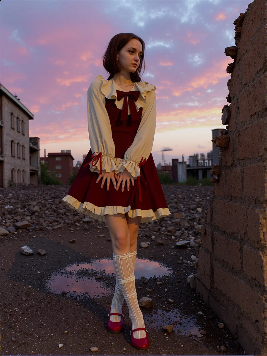 فستان نسائي للفتيات على الطراز الكوري أنيق بحافة منتفخة وربطة عنق وتفاصيل أمامية وخلفية وخصر لطيف جميل وحلو أنثوي جرلي #1