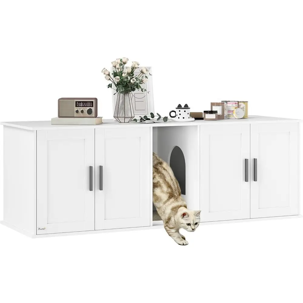 

Двухкомнатный вольер для кошек, 57x19x20, белый, с ковриком для царапания и туалетом