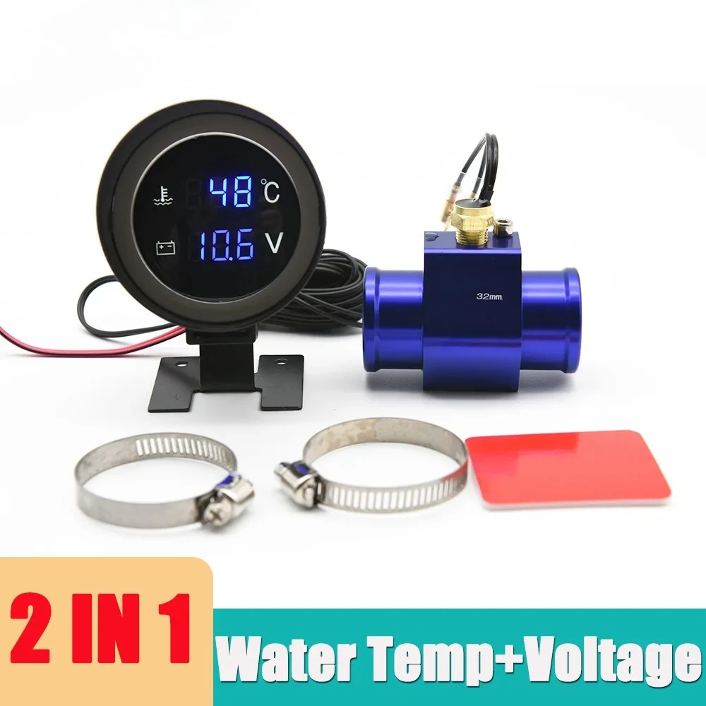 LED Digital Water Temp Gauge 2 in 1 Round Voltmeter With Temperature Sensor 1/8NPT Radiator Joint Pipe Adapter 26MM~40MM 12V24V