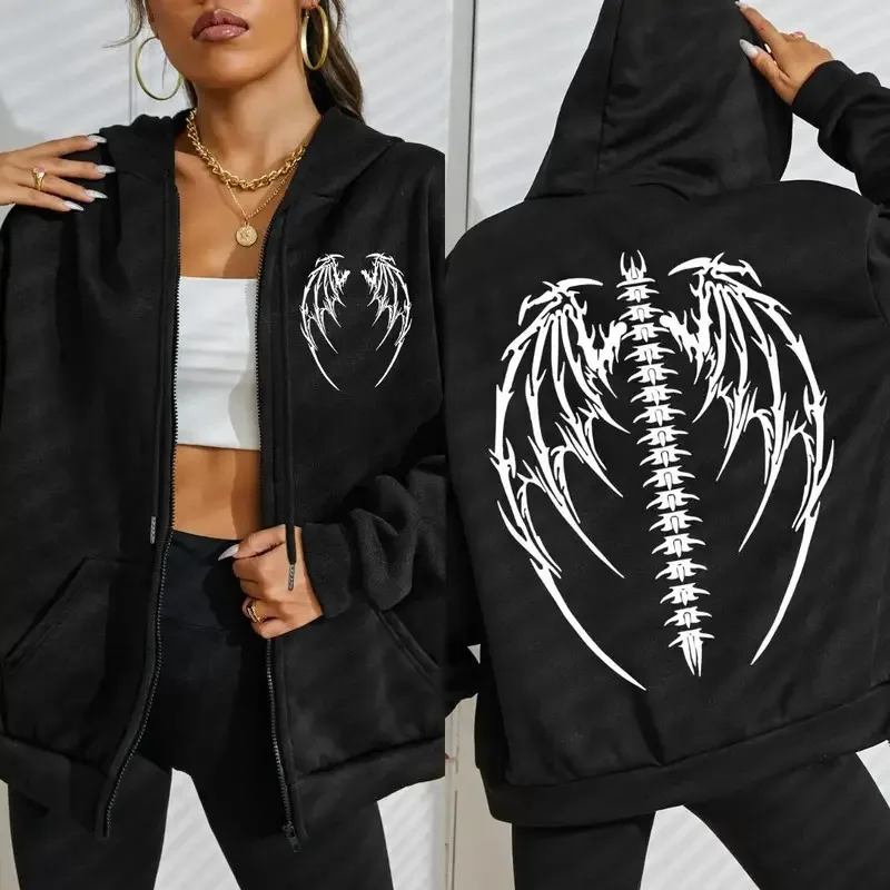 الإبداعية أجنحة الهيكل العظمي تصميم طباعة قلنسوة بسحاب امرأة موضة الصوف هودي الخريف كل مباراة رياضية الشارع رداء علوي غير رسمي #1