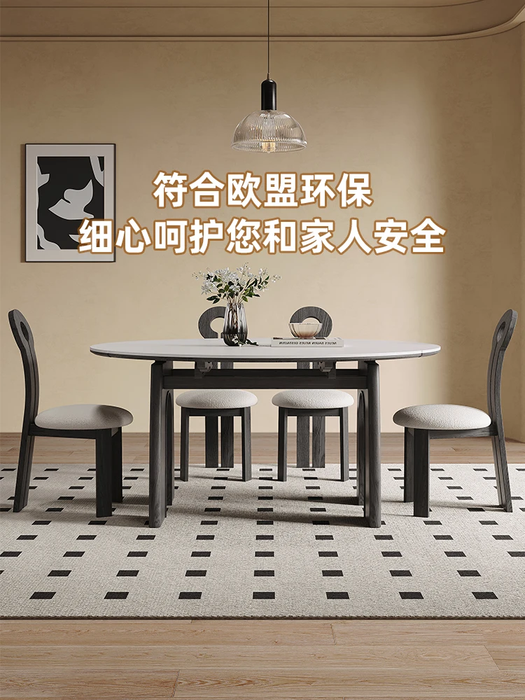 

French retro solid wood retractable rock slab round table modern simple household dining table square and round dual-purpose