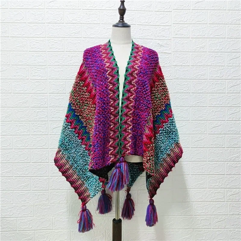 

Poncho Knitted Cloak Knitted Cape Ethnic Style Capes Tassel Cardigan Sweater Color Loose Vintage Striped Women Travel Coat R2