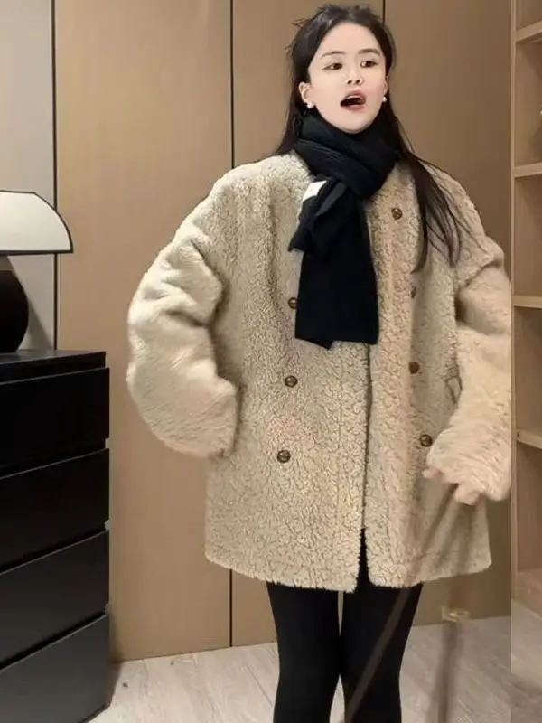 

Lamb Velvet Women's ort Coat Casual Double-Breasted Warmth Large Coat Brand Tag Clip Label Loose Fit Korean Sle Jaet