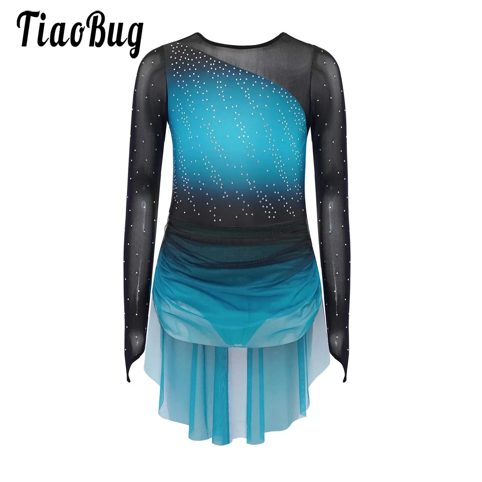 

Girls Lyrical Dance Figure Skating Gymnastic Costume Modern Ballet Dance Dresses Long Sleeves Sparkly Rhinestones Gradient Dress